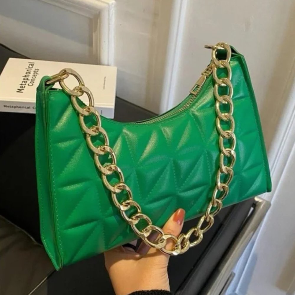 Quilted Green Baguette Bag